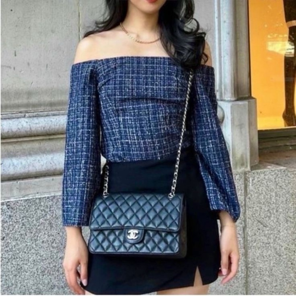 Zara Women's Navy Blue Tweed Textured Off-the-Shoulder Top Long Sleeve Size XS